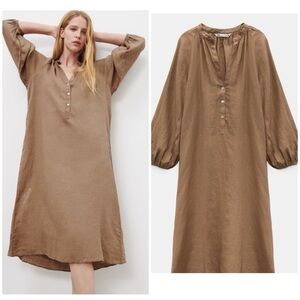 Zara Tan Boho Oversized Linen Midi Dress Size M